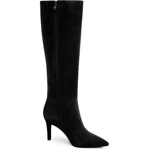 Women Black Suede Faux Leather Pointed Toe Tall Stiletto Heel Zipper Dress Boot - Picture 2 of 7